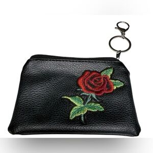 Black Coin Purse with Red Rose Embroidery